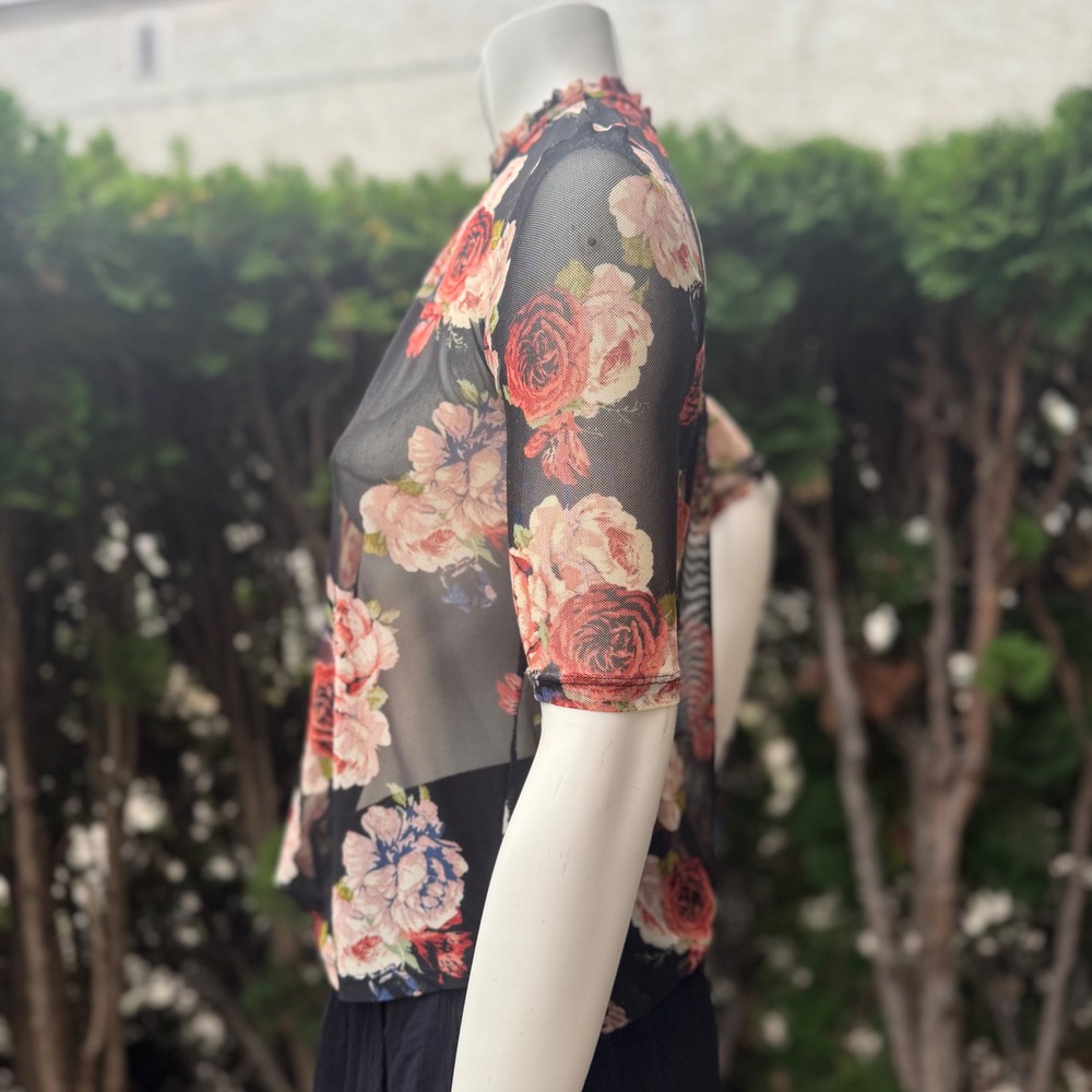 Gap Sheer Floral Mesh Top Ruffle Neck 1/2 Sleeve Romantic Goth Black Burgundy S - Picture 7 of 8